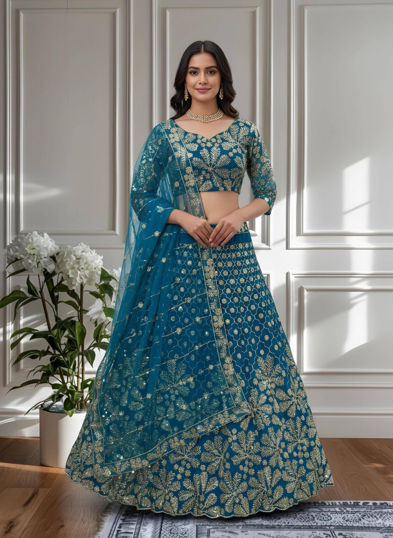 Shine in style with this beautifully Butterfly Net Rama Blue Lehenga choli retailers in Mumbai